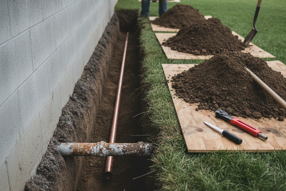 Excavated water line trench during Sewer Line Repair in Garrison